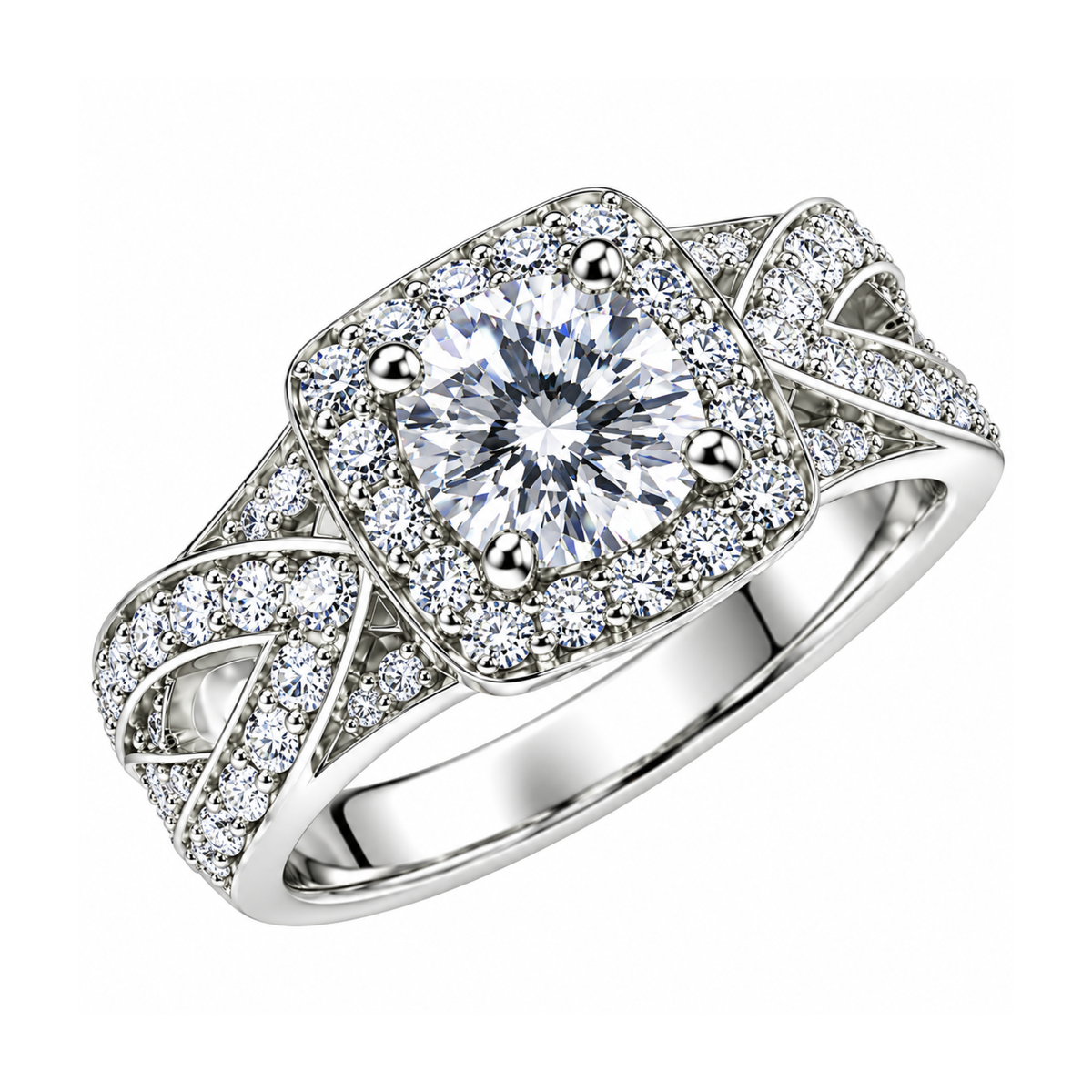 The Trellis — Cushion Halo Moissanite Ring with Woven Band