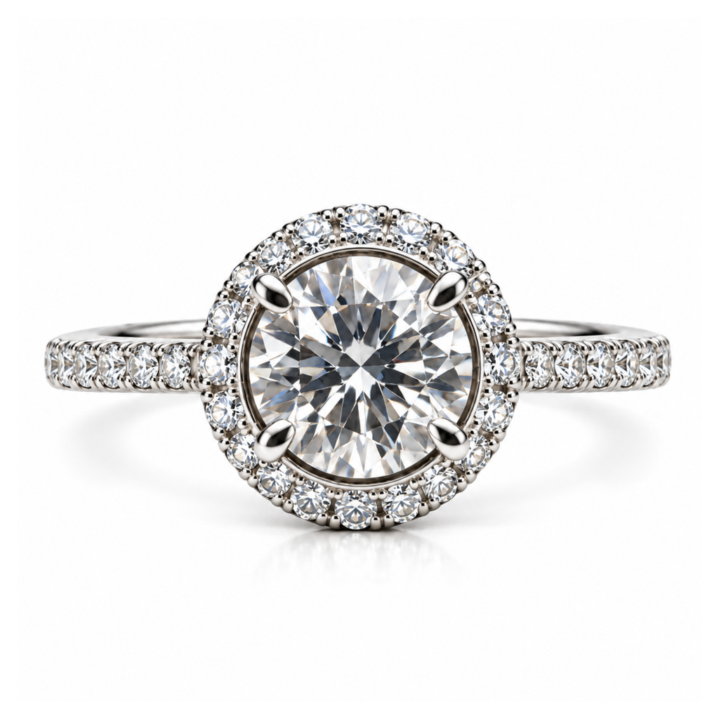 Halo of Day — Round Brilliant Moissanite Ring with Pavé Band