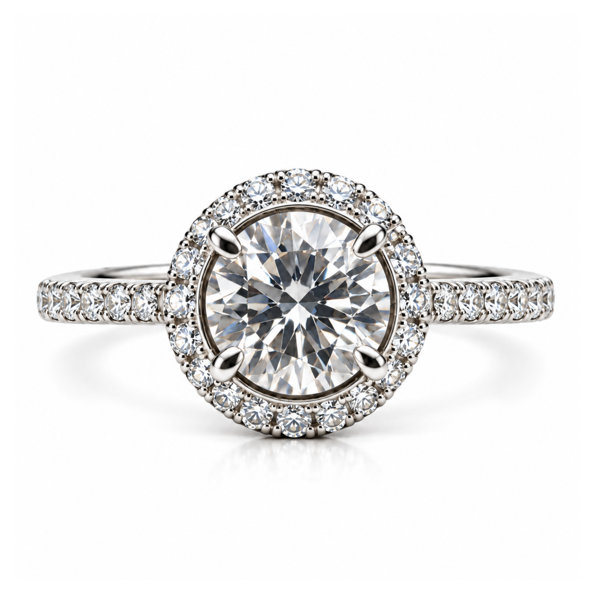 Halo of Day — Round Brilliant Moissanite Ring with Pavé Band