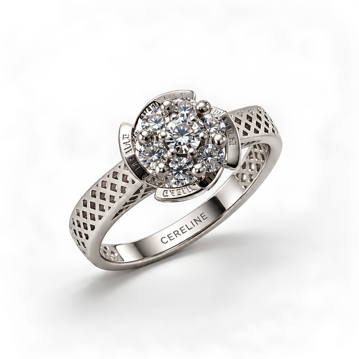 The Lattice — Seven-Stone Cluster Moissanite Ring with Pierced Band