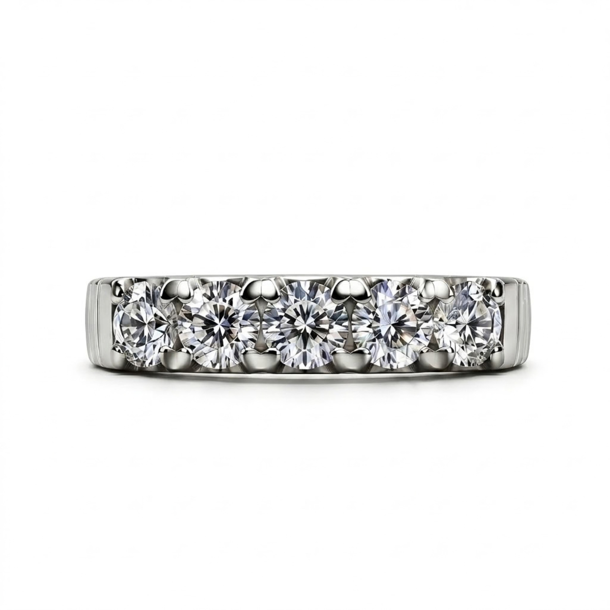 The Meridian — Five-Stone Half Band with Grooved Shoulders Moissanite Ring