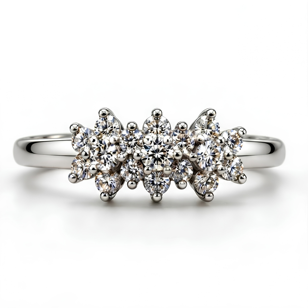 The Triad — Three-Cluster Flower Moissanite Ring on a Slim Band
