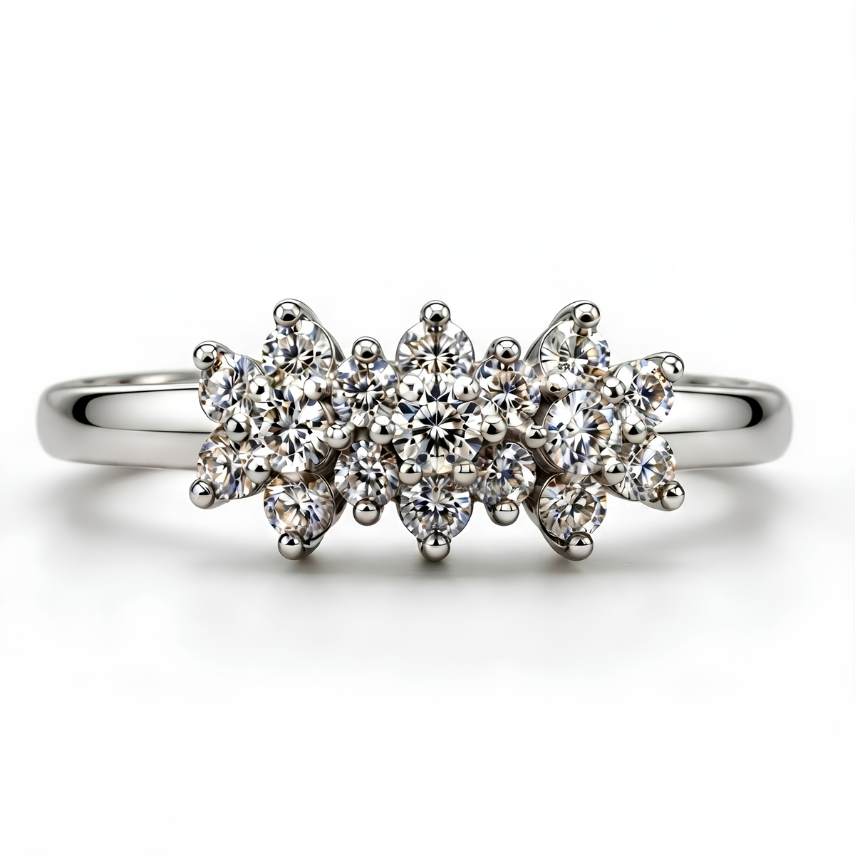 The Triad — Three-Cluster Flower Moissanite Ring on a Slim Band