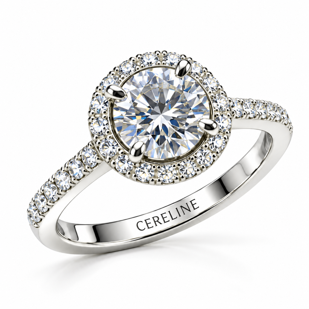 Halo of Day — Round Brilliant Moissanite Ring with Pavé Band