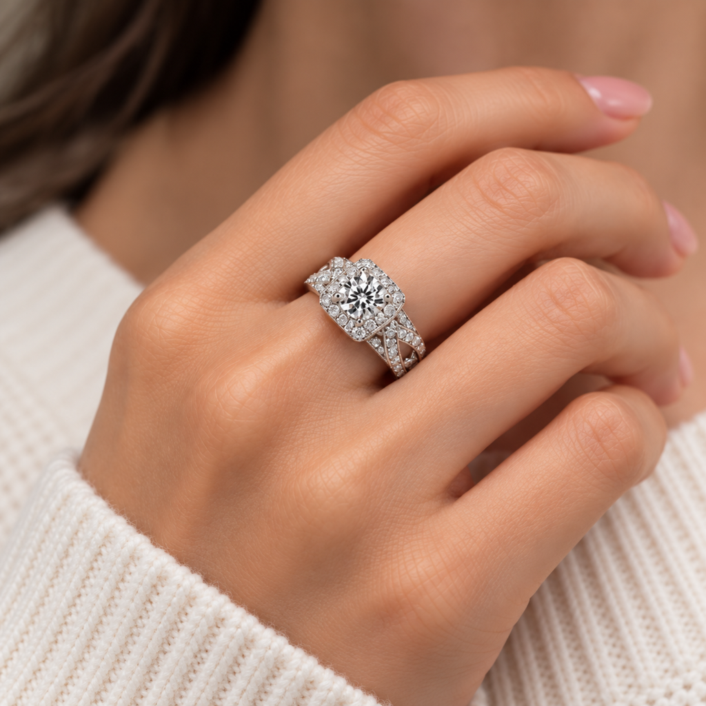 The Trellis — Cushion Halo Moissanite Ring with Woven Band