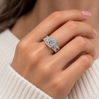 The Trellis — Cushion Halo Moissanite Ring with Woven Band