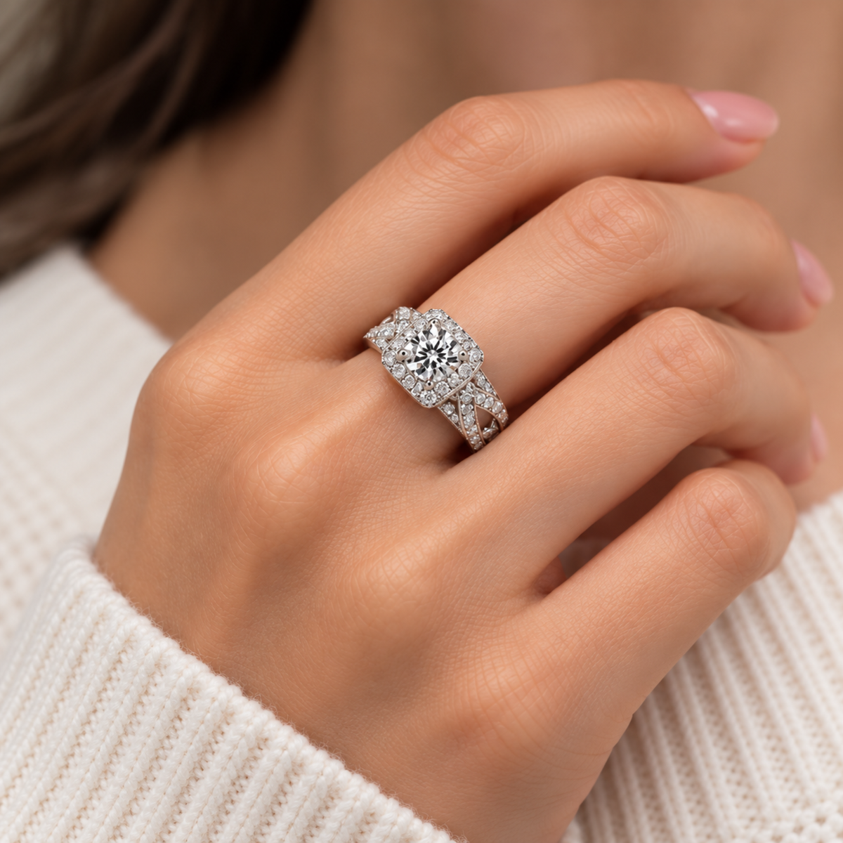 The Trellis — Cushion Halo Moissanite Ring with Woven Band