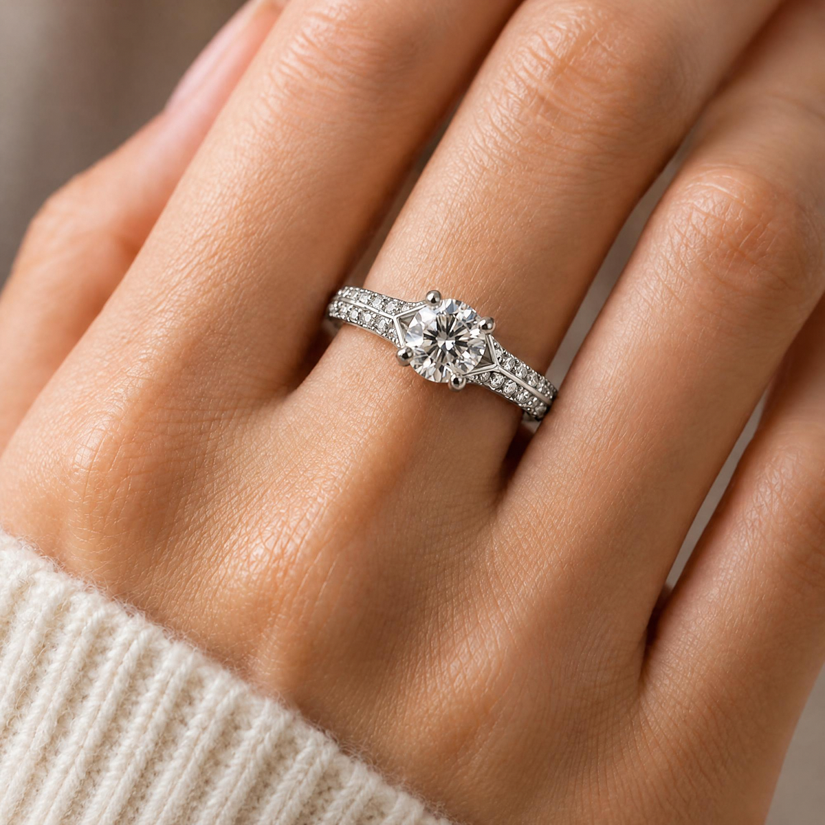The Keystone — Geometric Solitaire Moissanite Ring in Sterling Silver