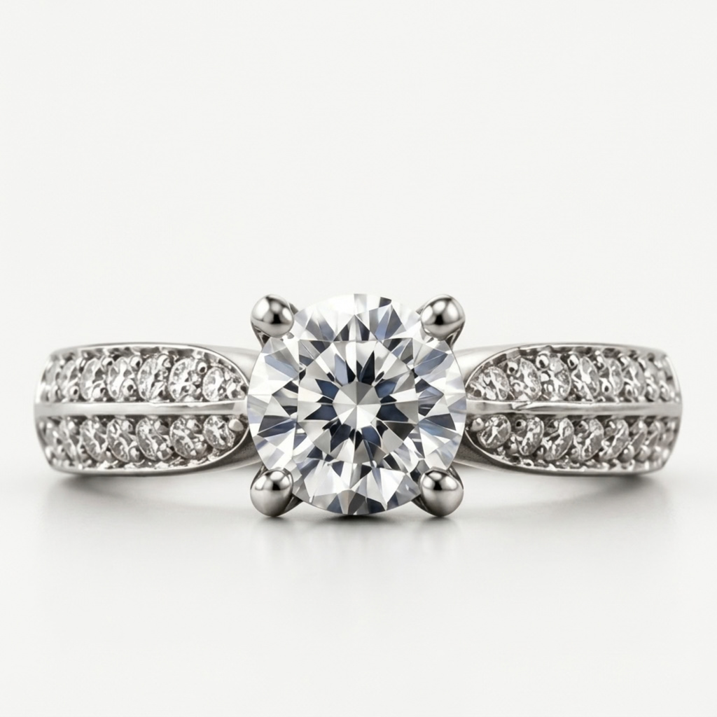 The Double Rank — Four-Claw Moissanite Solitaire with Twin Bead-Set Rows
