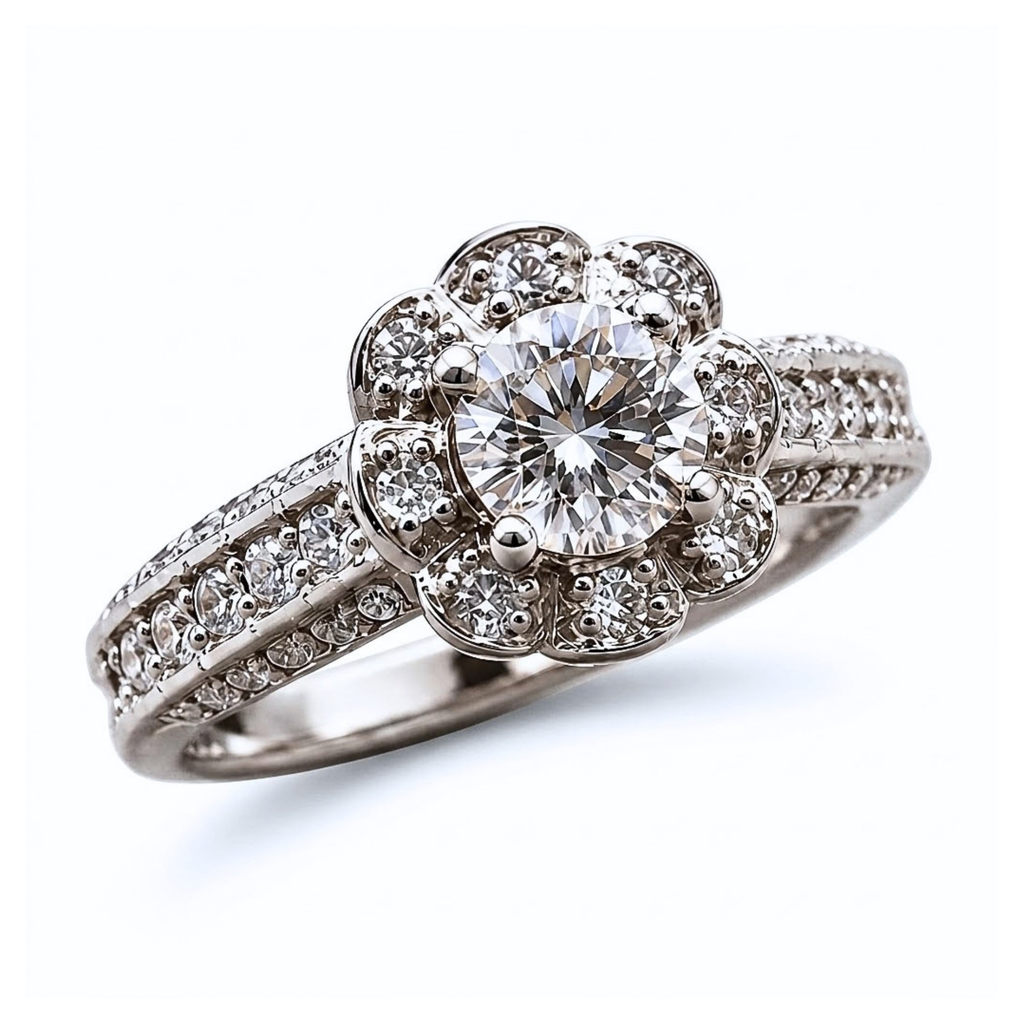 The Marguerite — Floral Halo Moissanite Ring in Sterling Silver