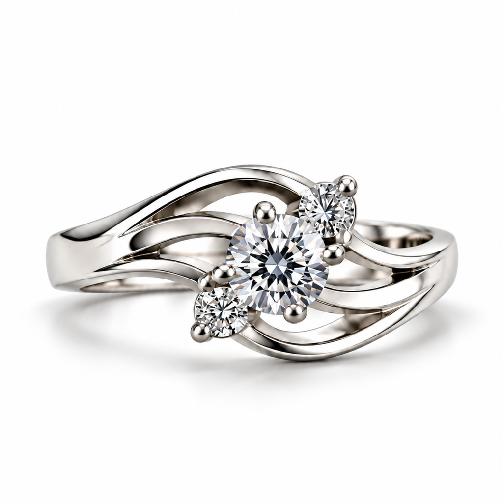 Aurelia Three-Stone Bypass Moissanite  Ring — Round Brilliant Swirl Engagement Ring