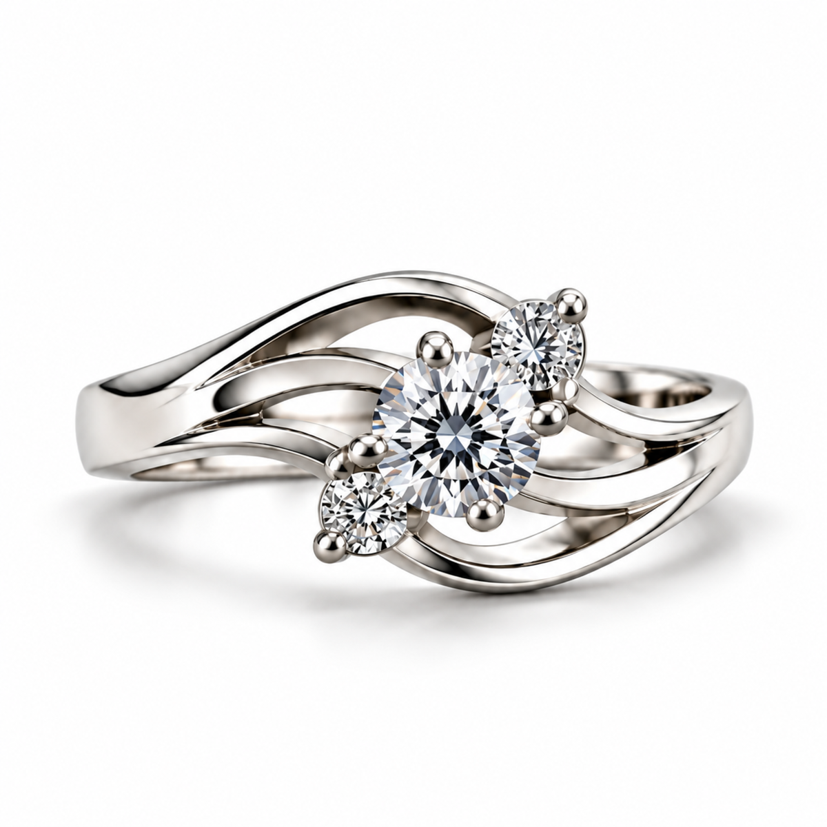 Aurelia Three-Stone Bypass Moissanite  Ring — Round Brilliant Swirl Engagement Ring