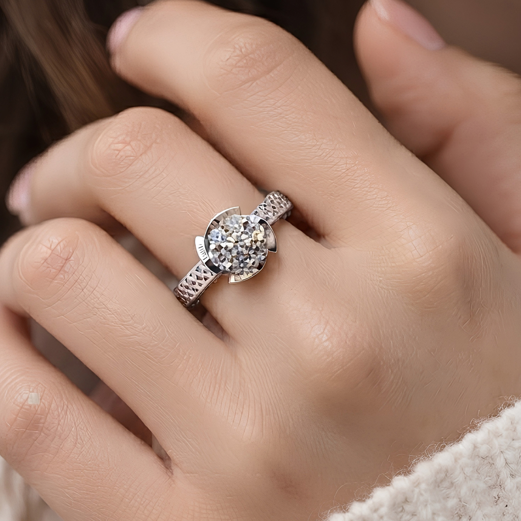 The Lattice — Seven-Stone Cluster Moissanite Ring with Pierced Band