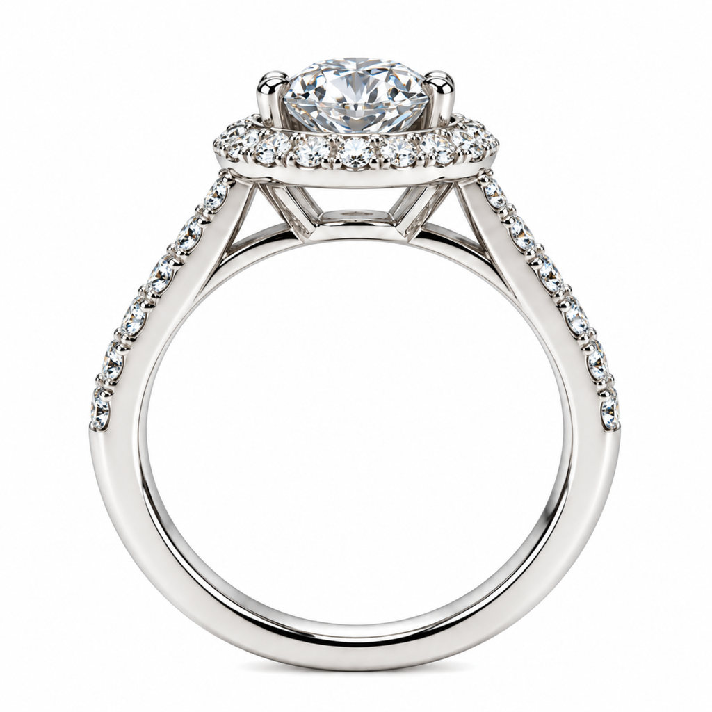 Halo of Day — Round Brilliant Moissanite Ring with Pavé Band