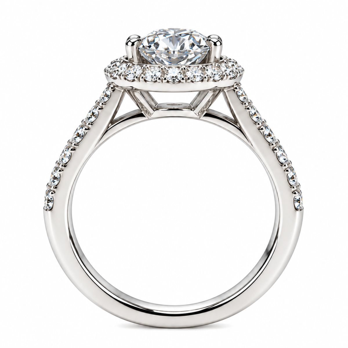 Halo of Day — Round Brilliant Moissanite Ring with Pavé Band