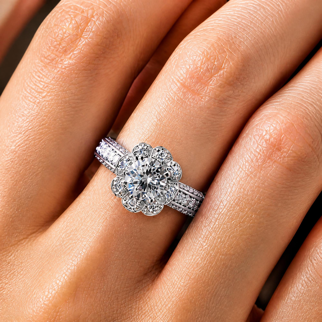 The Marguerite — Floral Halo Moissanite Ring in Sterling Silver