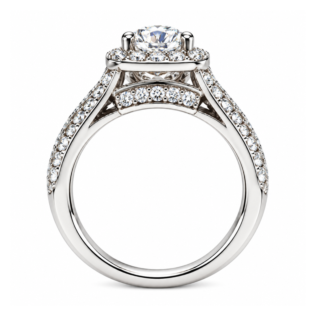 The Trellis — Cushion Halo Moissanite Ring with Woven Band