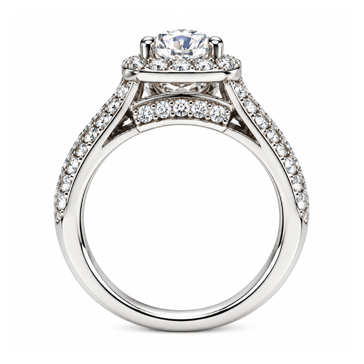 The Trellis — Cushion Halo Moissanite Ring with Woven Band
