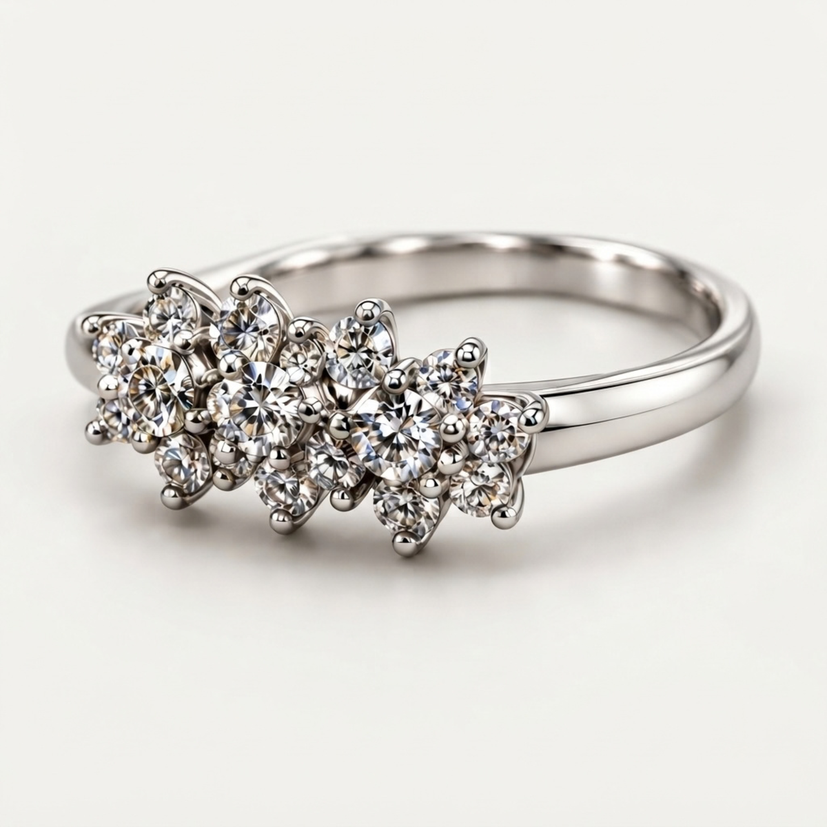 The Triad — Three-Cluster Flower Moissanite Ring on a Slim Band