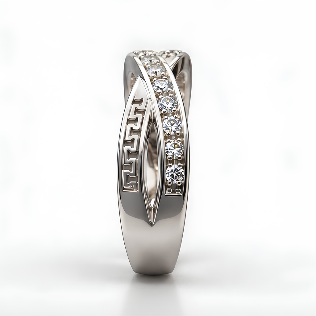 The Meander — Greek Key Crossover Moissanite Ring in Sterling Silver