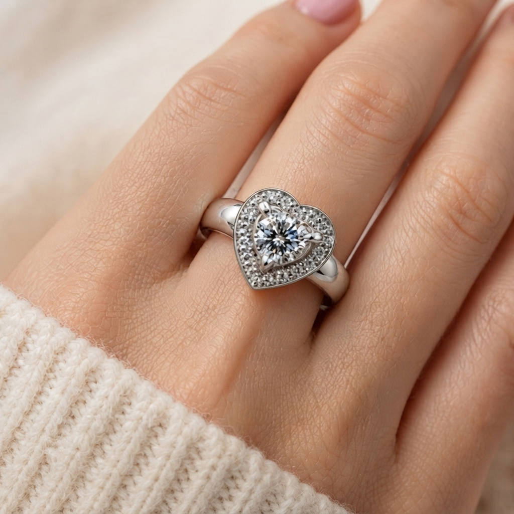 The Valentine — Heart-Cut Moissanite Ring with a Matching Halo