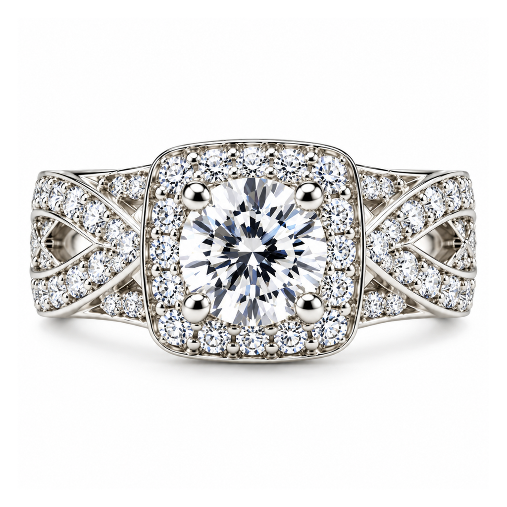 The Trellis — Cushion Halo Moissanite Ring with Woven Band