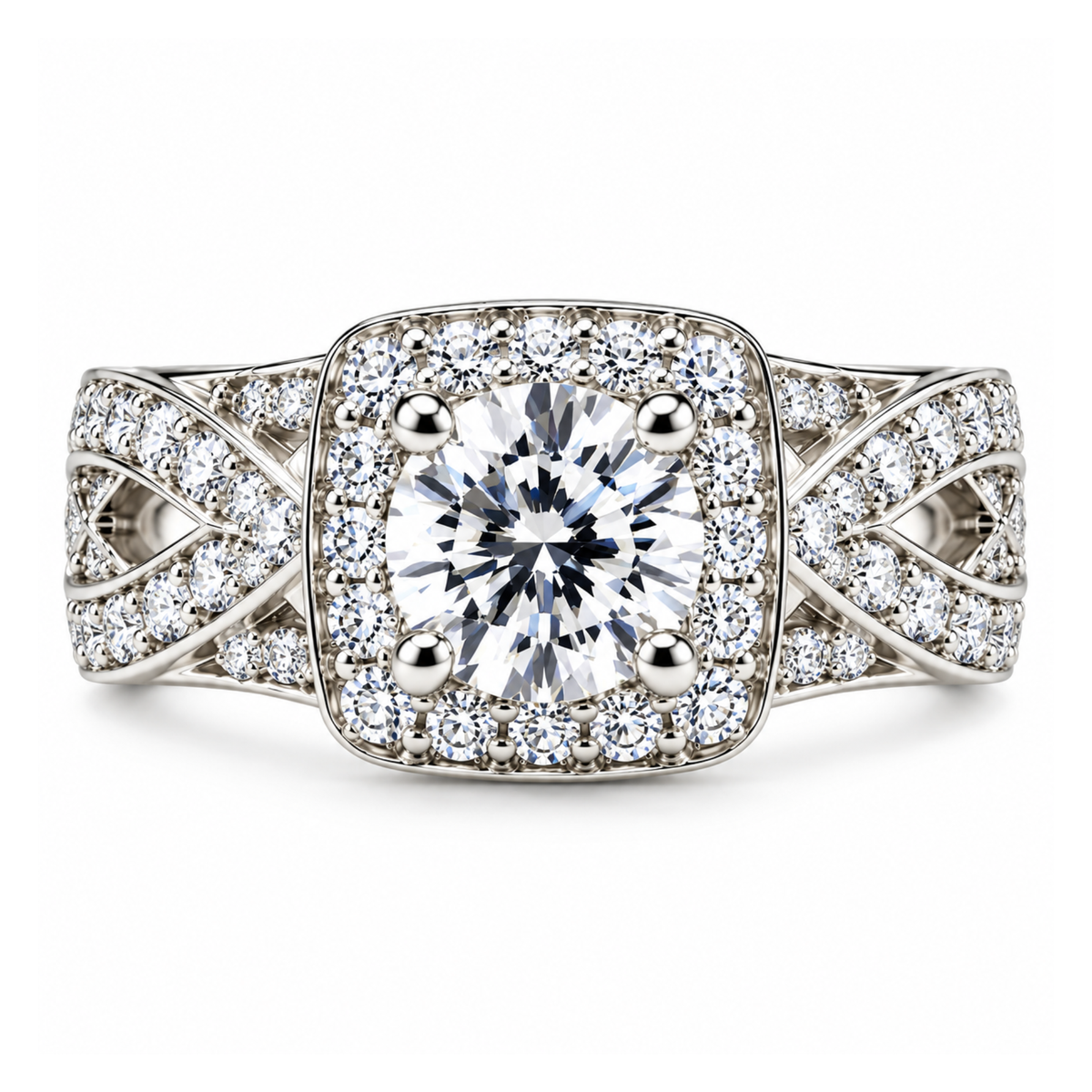 The Trellis — Cushion Halo Moissanite Ring with Woven Band