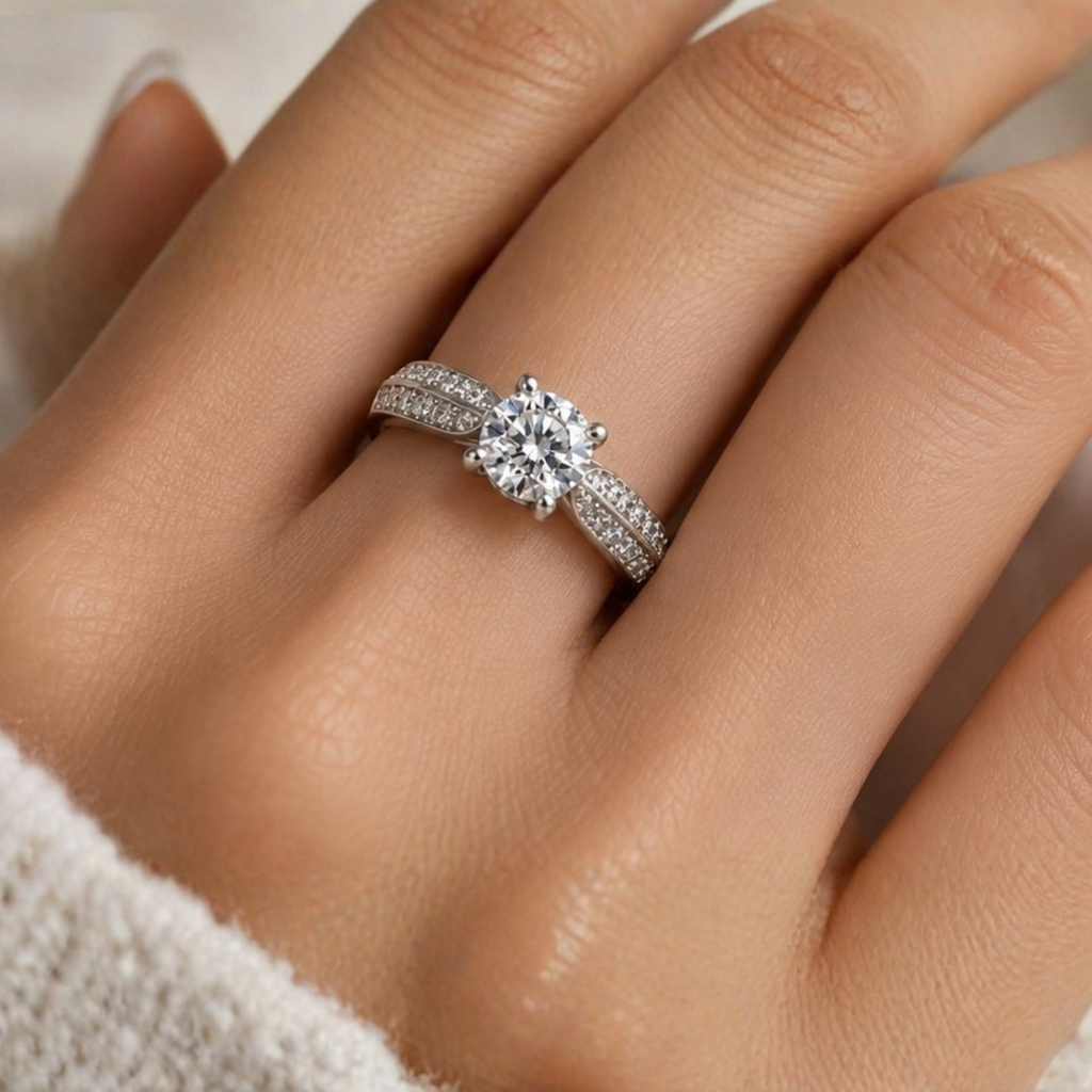 The Double Rank — Four-Claw Moissanite Solitaire with Twin Bead-Set Rows