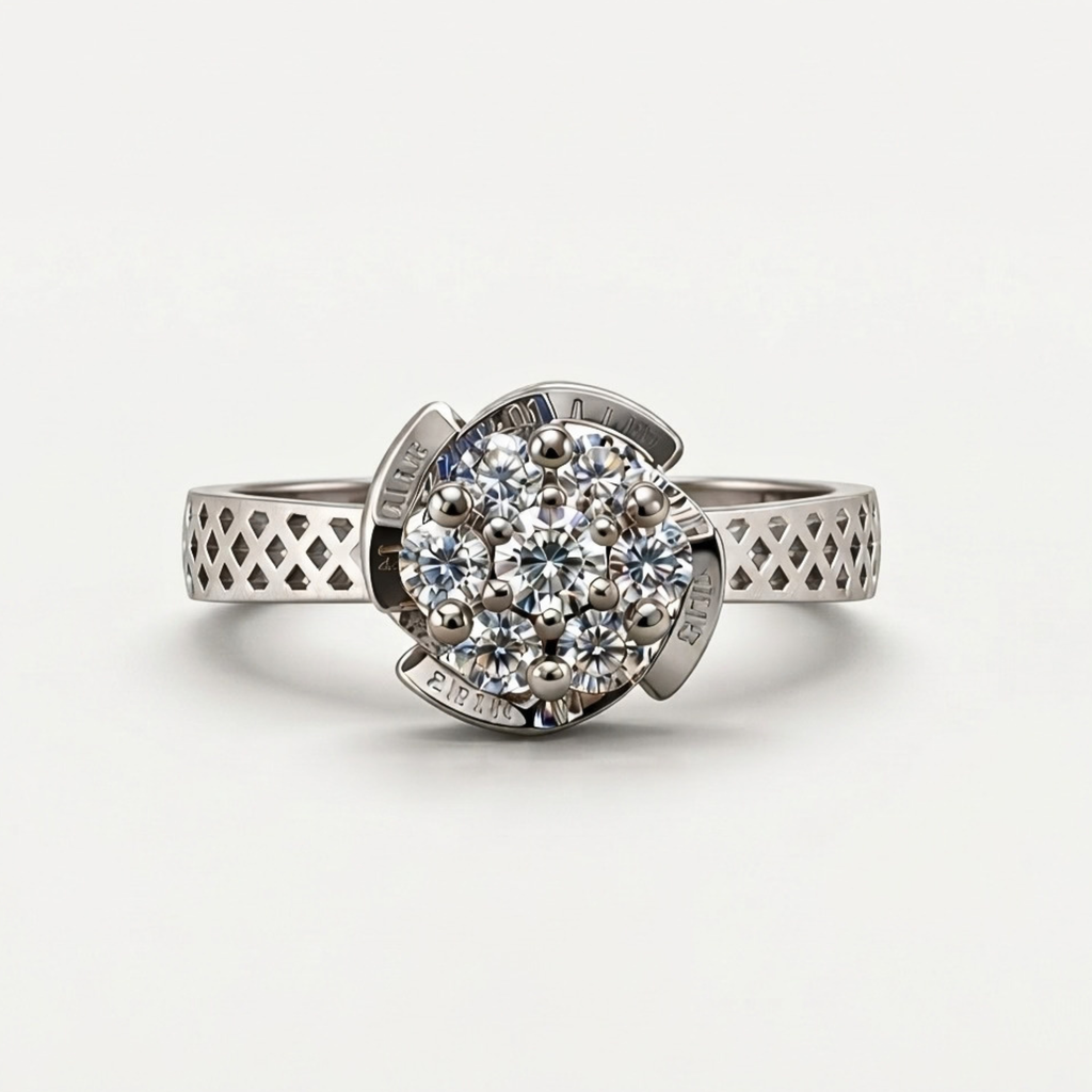The Lattice — Seven-Stone Cluster Moissanite Ring with Pierced Band