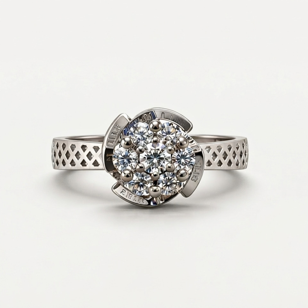 The Lattice — Seven-Stone Cluster Moissanite Ring with Pierced Band
