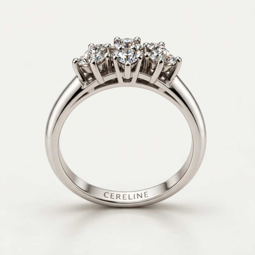 The Triad — Three-Cluster Flower Moissanite Ring on a Slim Band