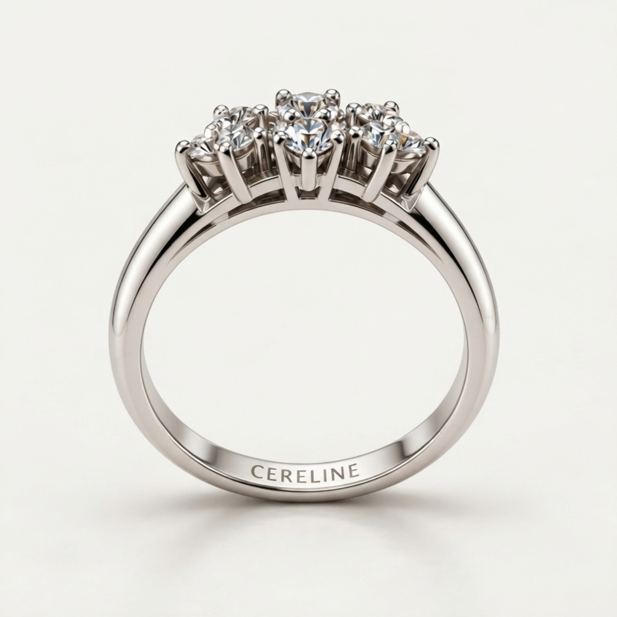 The Triad — Three-Cluster Flower Moissanite Ring on a Slim Band