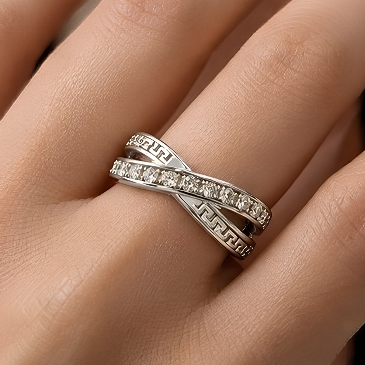 The Meander — Greek Key Crossover Moissanite Ring in Sterling Silver