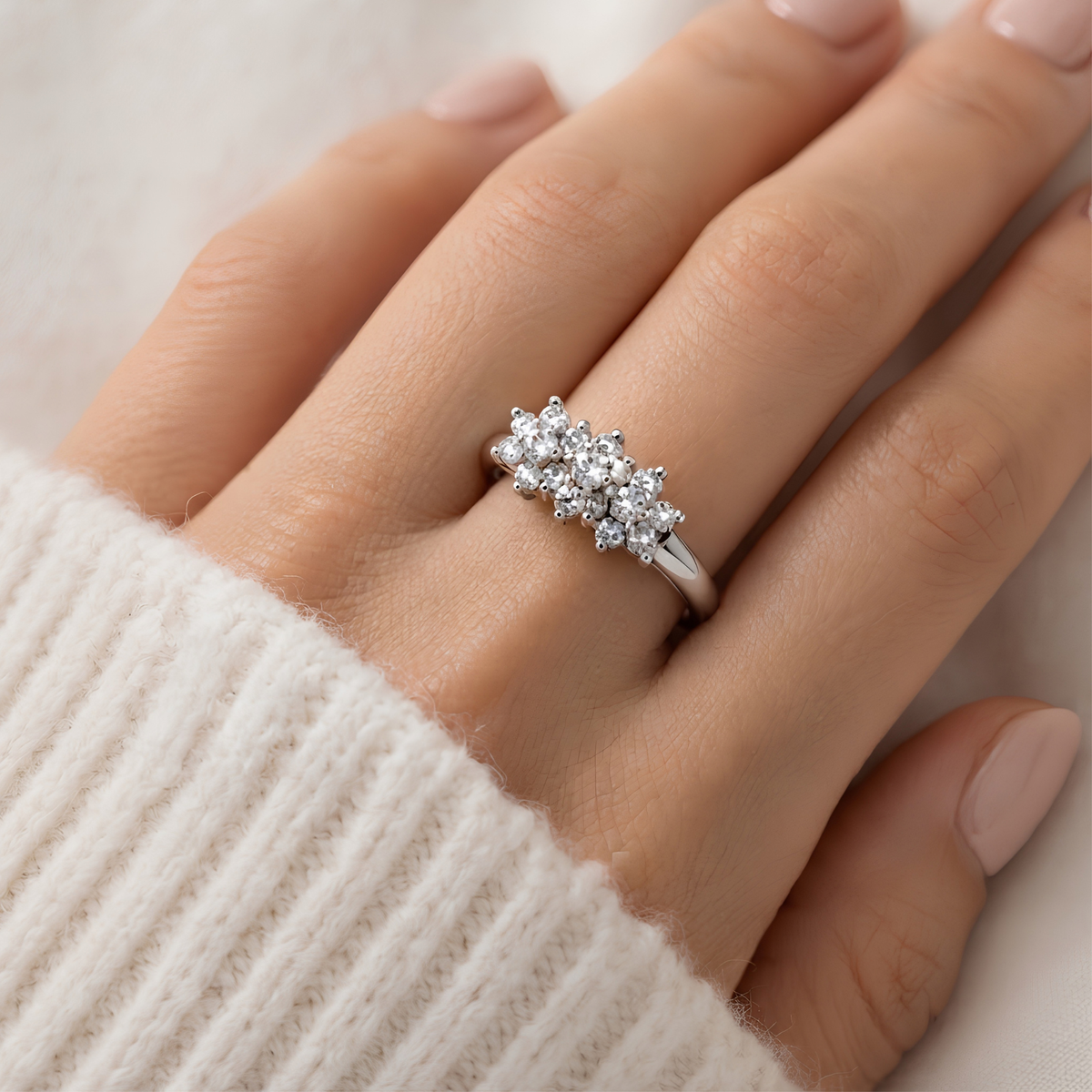 The Triad — Three-Cluster Flower Moissanite Ring on a Slim Band