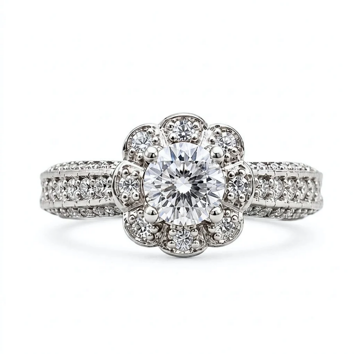 The Marguerite — Floral Halo Moissanite Ring in Sterling Silver
