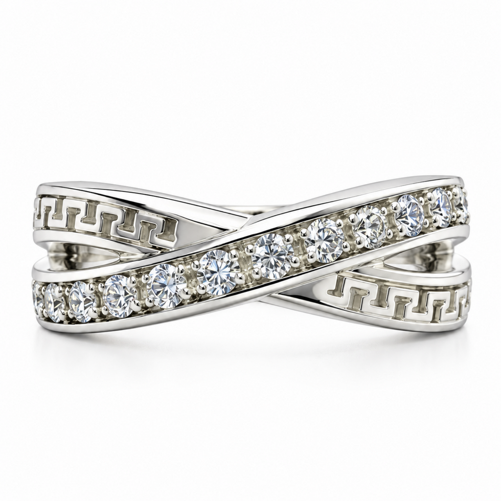 The Meander — Greek Key Crossover Moissanite Ring in Sterling Silver