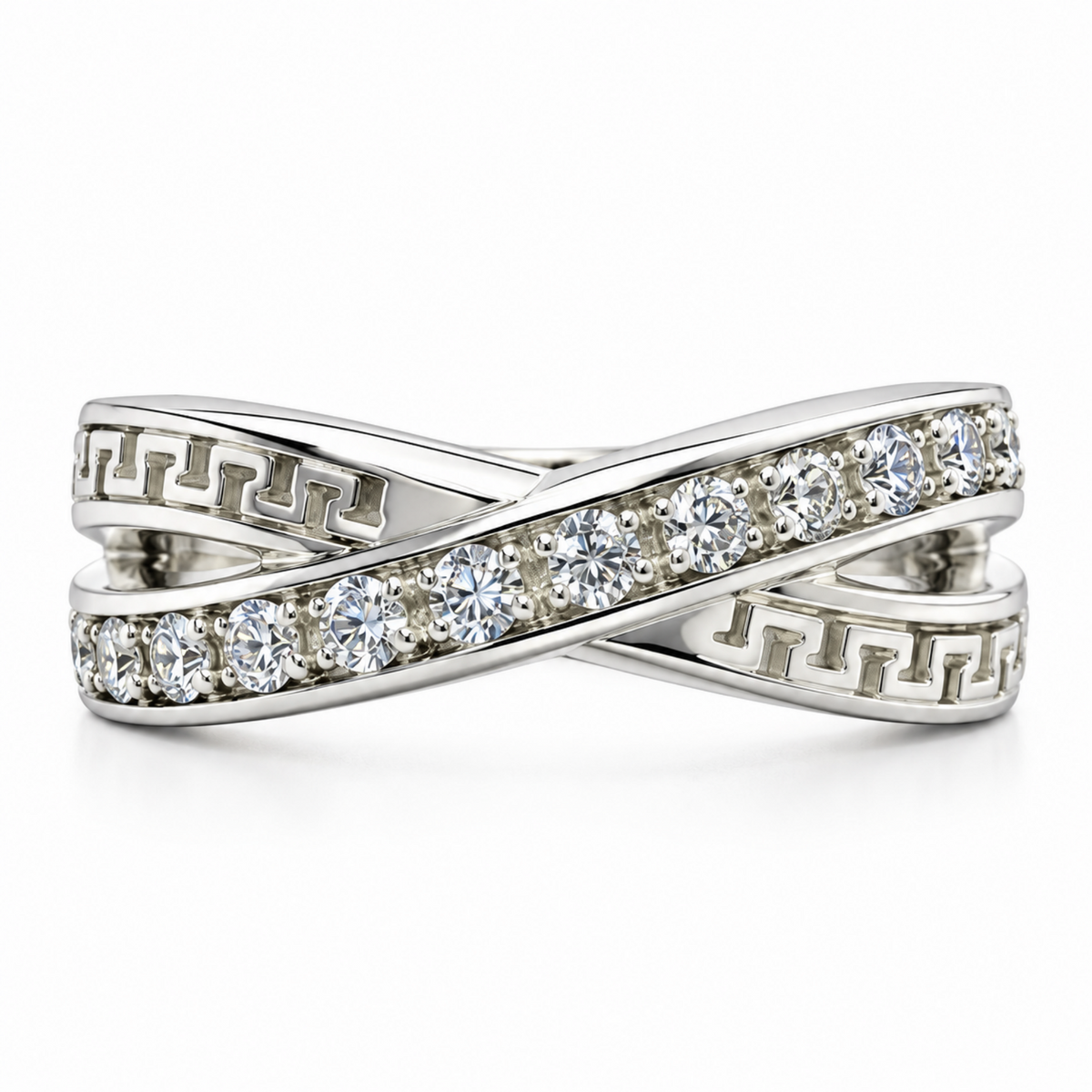 The Meander — Greek Key Crossover Moissanite Ring in Sterling Silver