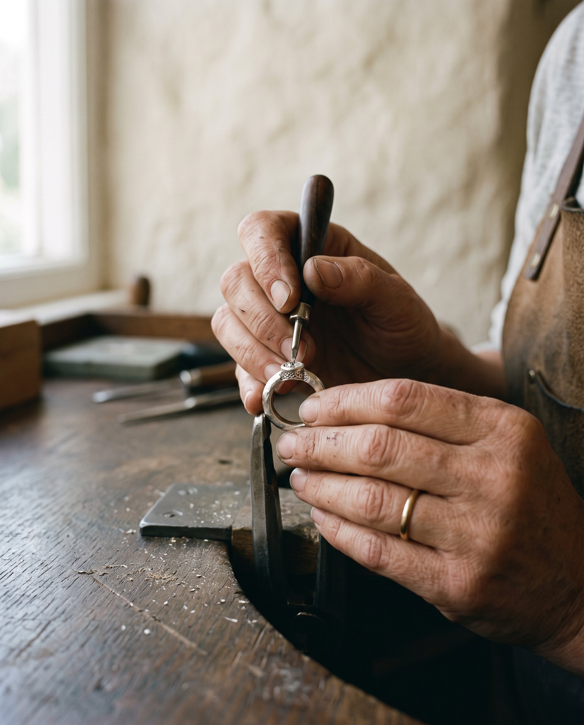 An artisan's hands working carefully on a jewellery piece
