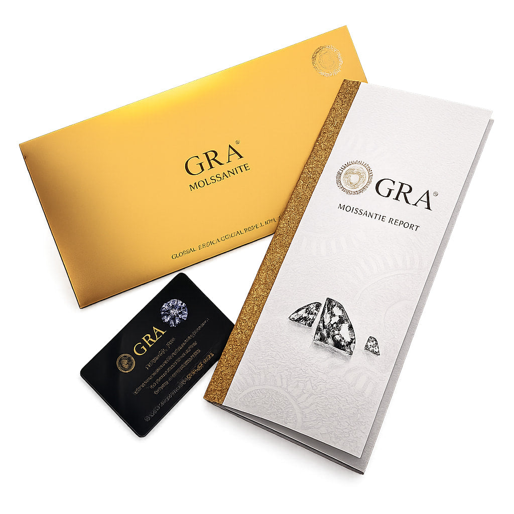 GRA moissanite grading report, card and presentation box