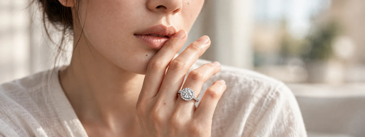 Close-up of a hand wearing a moissanite halo ring in sterling silver